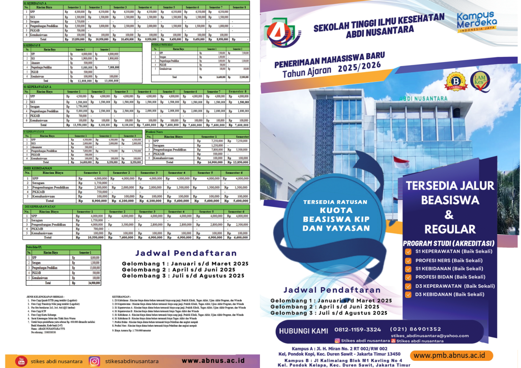 ๐ฐ STIKes Abdi Nusantara Membuka Pendaftaran Mahasiswa Baru Tahun Akademik 2025/2026, Tersedia Berbagai Beasiswa Unggulan Brosur Abnus 2025 2026 Page 1 1024x724